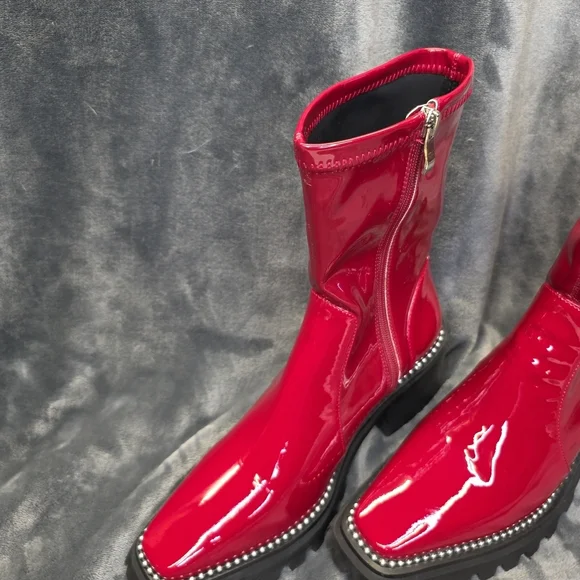 Lattelier Womens Shiny Ruby Red Leather Rhinestone Silver Boots. 38 (10 Usa) - Picture 3 of 13